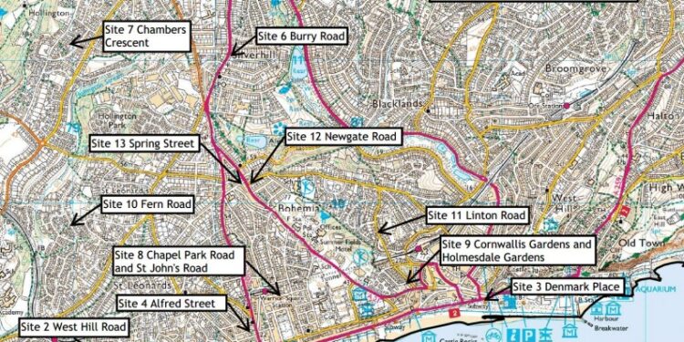 A map of the new parking restrictions New double yellow lines agreed for Hastings and St Leonards